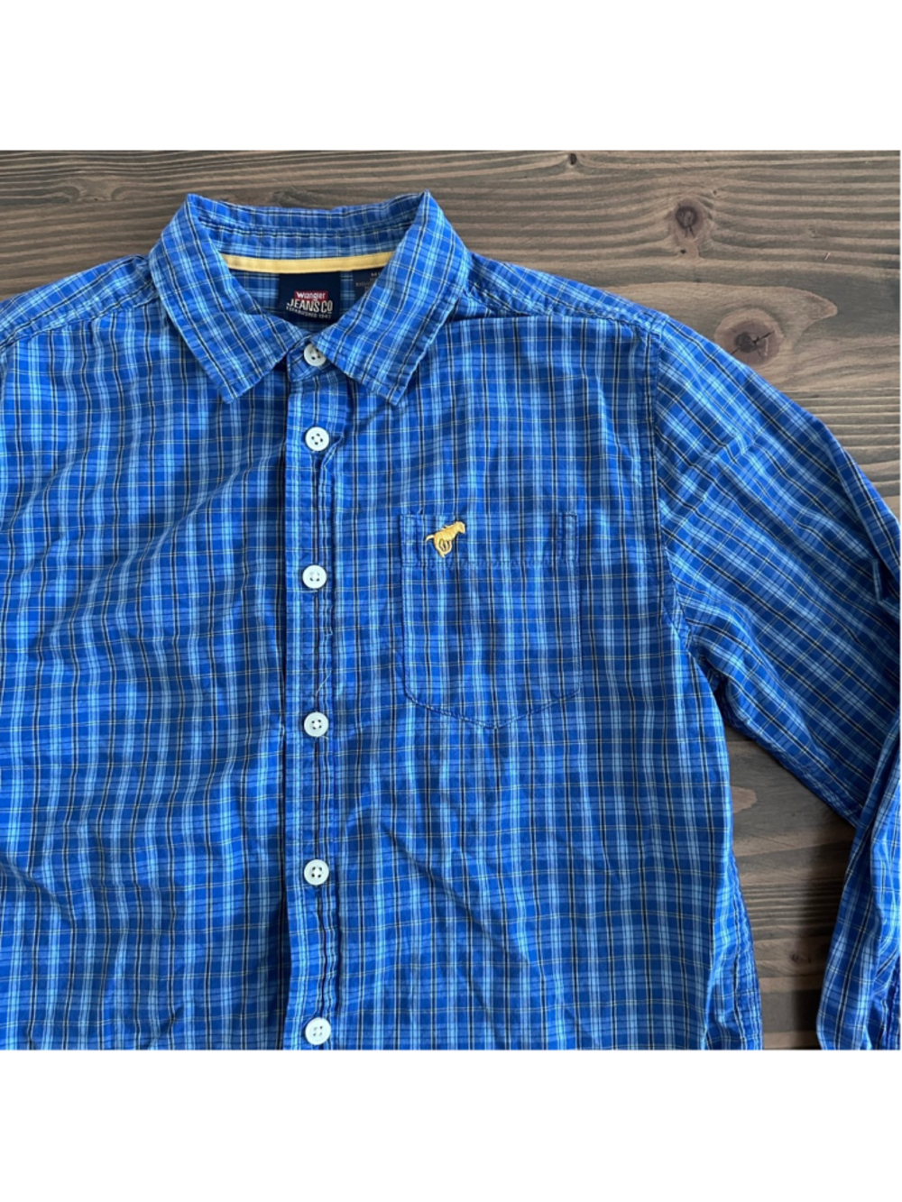 Wrangler Boys Plaid Shirt M 8/10 Blue Yellow Button Down